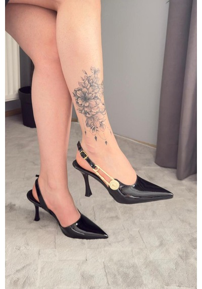 Preshley Kadın Grant Siyah Rugan Düğmeli Tokalı 7 Cm Ince Topuk Ayakkabı Stiletto Siyah