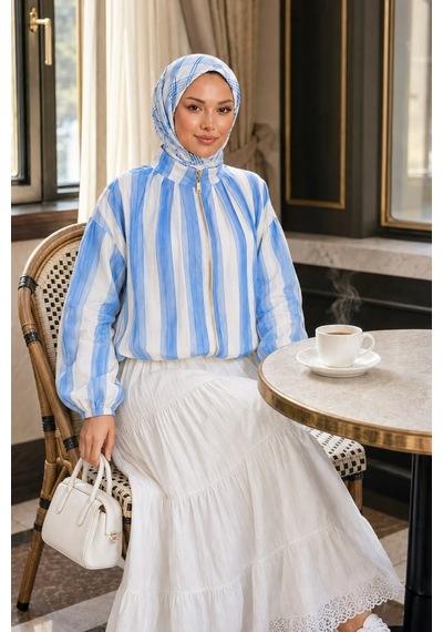Hb Harma Time Butik Kadın Fermuarlı Modal Kumaş Ahenk Mavi Ceket