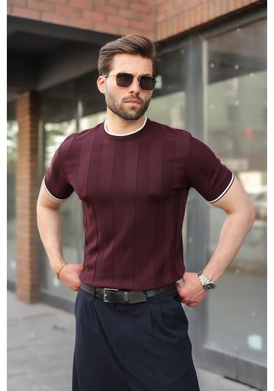 Madmext Mürdüm Bisiklet Yaka Regular Fit Triko Erkek Tişört E7487