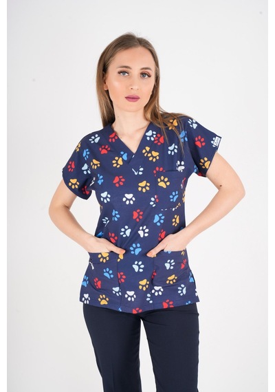 Unisex Pati Desenli Veteriner Doktor Hemşire Hastane Scrubs Tek Üst Üniforması Lacivert