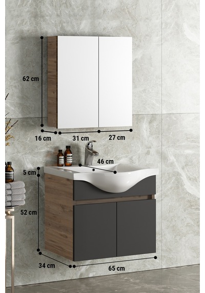 Yıldız 65 Cm Atlantik Çam-Antrasit Gri Mat Mdf Seramik Lavabolu A Antrasit - Atlantik Çam