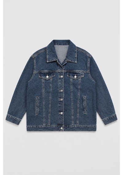 Kadın Mavi %100 Pamuk Gömlek Yaka Oversize Jean Ceket
