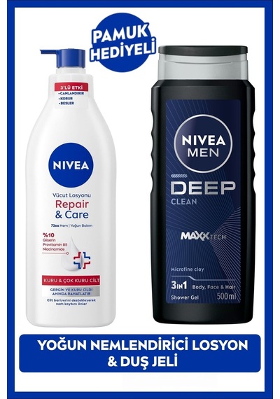 Nivea Men Erkek Deep Dimension Duş Jeli 500 ML + Repair Care Nemlendirici Vücut Losyonu 400 ML + Pamuk