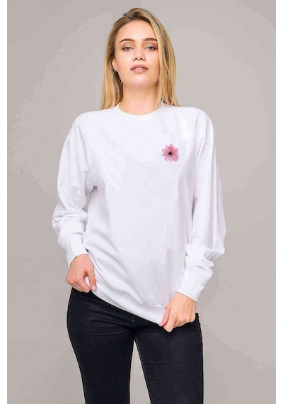 Oklid Pembe Güzel Suluboya Çiçek Pembe Baskılı Beyaz Kadın Sweat
