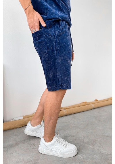 İndigo İnce Fitilli Batik Desen Relaxed Şort İndigo