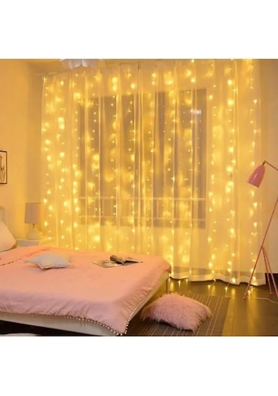 Kumandalı 8 Ayrı Moda Sahip 3mx3m 300 Cm X 300 Cm Perde Led 10 Saçaklı Gün Işığı Sarı