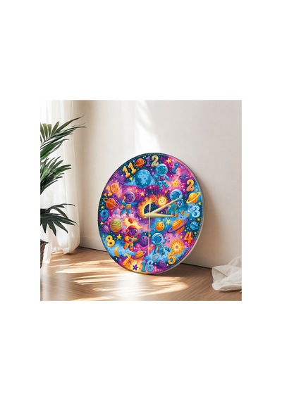 Çocuk Astronotlar Dekoratif Duvar Saati 33 Cm Uv Baskılı Mdf Duvar Saati Çok Renkli