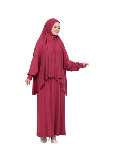 Modish Group İki Parça Namaz Elbisesi Uzun Pamuklu Tesettür Giyim Abaya & Başörtüsü Set Kırmızı