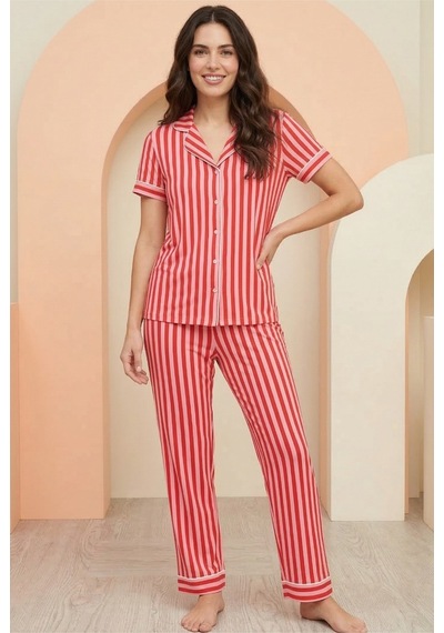 Siyah İnci Pamuklu Likralı Düğmeli Pijama Takım Kırmızı Pembe