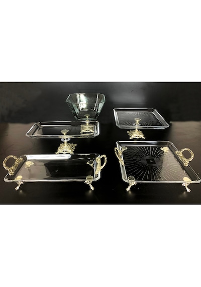 Alfafe Home 5 Parça Gümüş Döküm Ayaklı Sunumluk Set Pasta Kurabiye Tatlı Servis Tabağı Gümüş