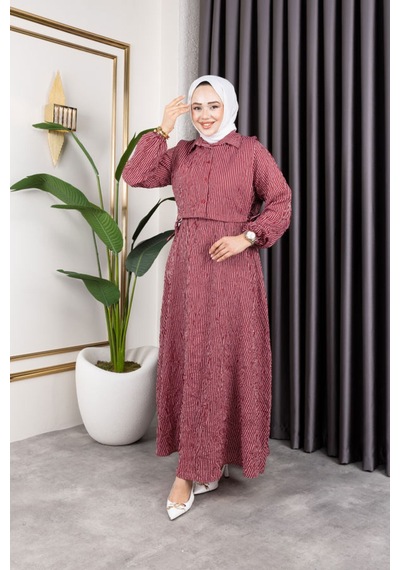 Hira Life Fashion Kadın Bordo Tesettür Giyim Gömlek Detaylı Çizgili Viskon Kıraş Elbise İkili Takım Bordo Bordo Hira Life Fashion Kadın Bordo Tesettür Giyim Gömlek Detaylı Çizgili Viskon Kıraş Elbise İkili Takım Bordo Bordo