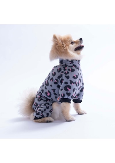 Gri Innsbruck Leopard Desenli Tulum Küçük Irk Peluş Tulum Köpek Tulumu Köpek Kıyafeti Kedi Kıyafeti