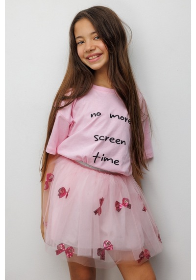 Le Mabelle Pembe Kısa Kollu Motto Baskılı Çocuk Tişört Pembe