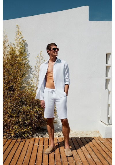 Grimelange Jens Erkek %100 Pamuk Müslin Kumaş Yanları Cepli Slim Fit Dar Kesim Beyaz Şort