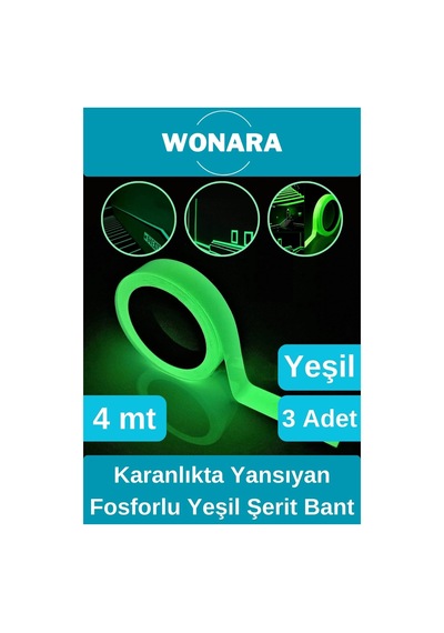 Premium Yapışkanlı Karanlıkta Yansıyan Işık Veren Fosforlu Fotolümen Yeşil Şerit Bant 4 Mt 3 Adet