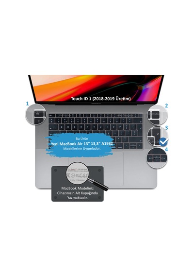 Laptop Macbook Air 13inç Klavye Koruyucu Uk-eu İngilizce Touchıd'li A1932 İle Uyumlu Siyah