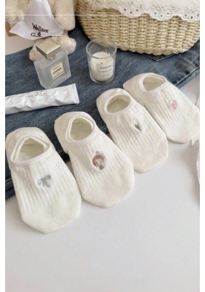 Hitit Socks Kadın 5 Çift Premium Fiyonk Çiçek Ve Kalp Desenli Babet Çorap Seker Beyazı beyaz