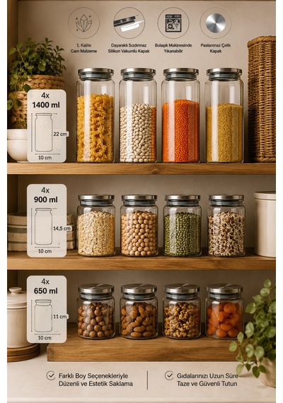 Porsima Bormio 12'li Vakumlu Metal Kapaklı Cam Kavanoz Seti 1400 Ml, 900 Ml, 650 Ml Erzak & Baharatlık Bambu - Şeffaf