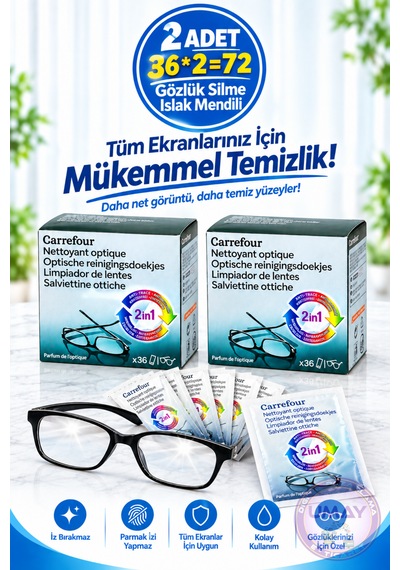 2 Kutu 36'lı Gözlük Kamera Tv Cep Telefonu Kask Camı Ekran Temizleme Islak Mendili 36 2 72