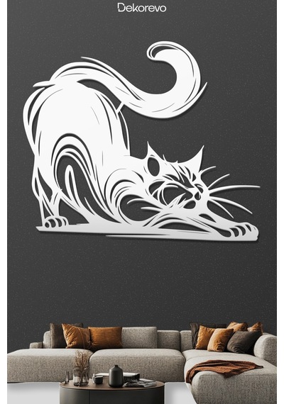 Dekoratif Metal Kedi Duvar Tablosu - Metal Duvar Sanatı - Beyaz - 75 X 60 Cm