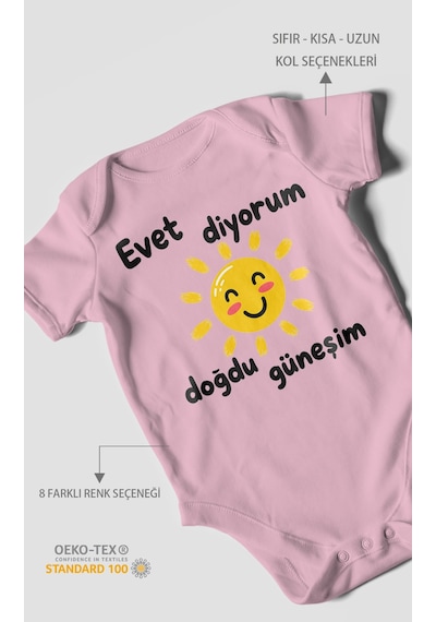 Morivokids Evet Diyorum Doğdu Güneşim Kısa Kollu Bebek Body %100 Pamuk Koyu Pembe