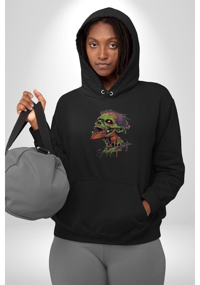 Zombi Kafası Kadın Erkek Siyah Kapüşonlu Sweatshirt Hoodie Siyah