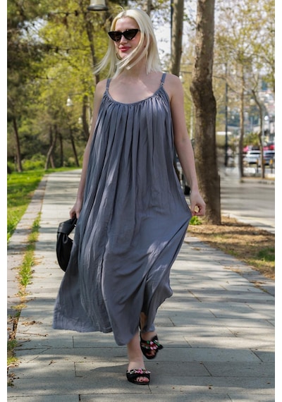 Madmext Gri Halter Yaka Askılı Uzun Basic Kadın Elbise Mg2163 Gri