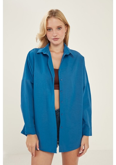 Meecy Kadın Saks Mavi Oversize Uzun Basic Gömlek Saks Mavi Saks Mavi