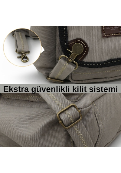 Cappadocia Vintage 4017 Açık Gri 14" Laptop Kanvas Postacı Okul Çantası Unisex Kilitli Çok Cepli Omuz Askılı Açık Gri