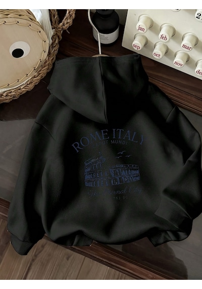 Uyguntarz Unisex Rome Italy Baskılı Oversize Sweatshirt siyah