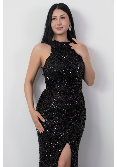 Kalopya Halter Yaka Yırtmaçlı Pulpayet Elbise Ecr5482 Siyah