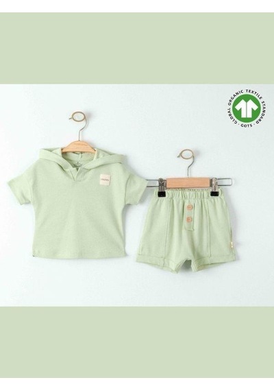 Zekids Bebek Organik Pamuklu Basic Kapüşonlu Tshirt Şortlu Takım-15908 Yesil
