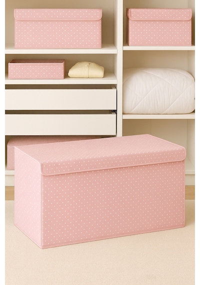 Serstil Pembe Puantiyeli Mega Boy Destekli Sert Karton Kapaklı Kutu Hurç 70x40x30 Cm Pembe Puantiye