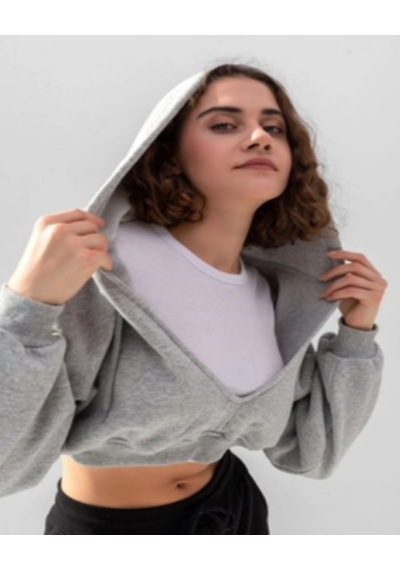 Kadın Kapüşonlu V Yaka Crop Kalın İçi Polarlı Örme Sweatshirt Gri