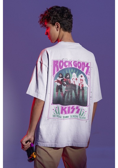 Kiss Rock Metal Sırt Baskılı Unisex Oversize Müzik Grubu Tişört Beyaz