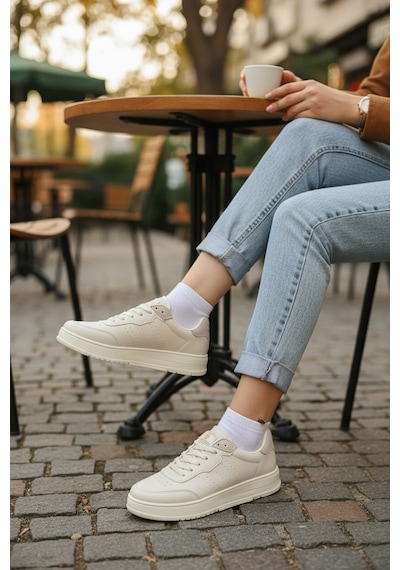 Enoch Kadın Spor Ayakkabı Delikli Detaylı Ve Hafif Comfort Düz Tabanlı Günlük Sneaker Bej