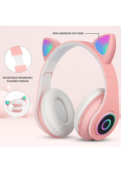 Çocuk Kulaklık, Kız Çocukları Bluetooth Kulak Üstü Sevimli Kedi Kulaklı Çocuk Kulaklığı Led Işıklı, Katlanabilir Kablosuz Çocuk Kulaklık Erkek Yetişkinler İçin Okul/tablet/pc/telefon