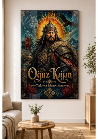 Oğuz Kağan Desenli Baskılı Cam Tablo Türk Mitolojisi Uv Baskı Duvar Dekoru