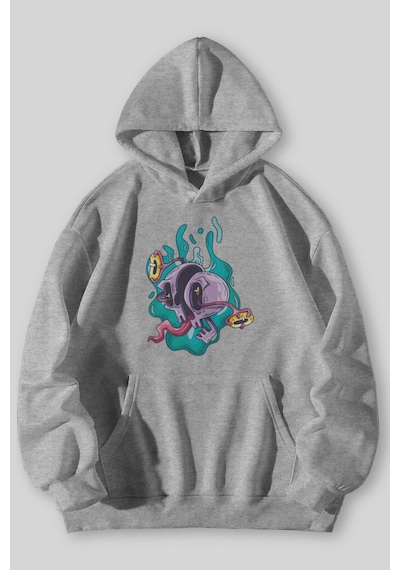 Harmandar Crazy Universe Baskılı Unisex Siyah Kanguru Cepli Kapüşonlu Sweatshirt Hoodie Gri
