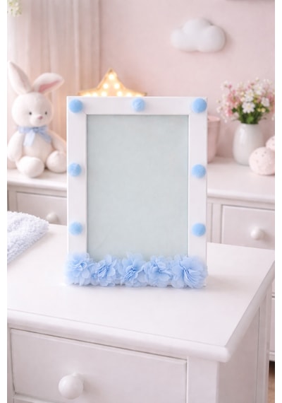 Ponpon Ve Çiçek Detaylı Bebek Odası Çerçeve 15x21 Cm El Yapımı Fotoğraf Çerçevesi Mavi