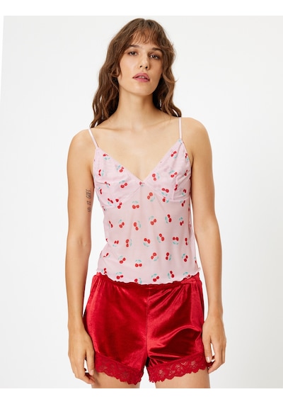 Koton Kiraz Baskılı Askılı Pijama Üstü Kalp Yaka Rahat Kalıp Pembe Desenli 4slk90022mk Pembe