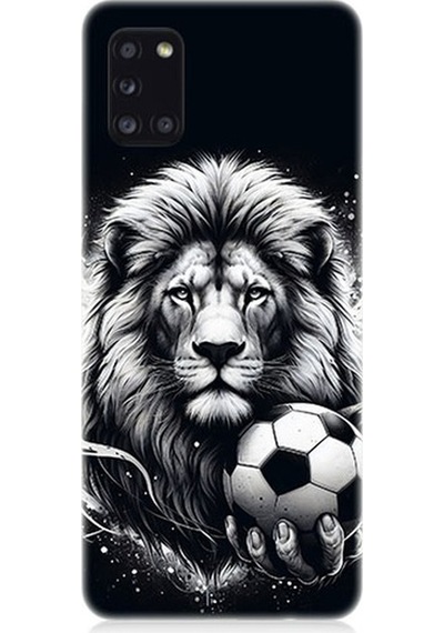 Samsung Galaxy A31 Uyumlu Siyah Beyaz Aslan Ve Futbol Topu Desenli Silikon Kılıf