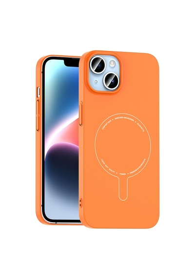 Maks Technology iPhone Uyumlu 14 Kılıf M-safe Şarj Özellikli Kamera Korumalı Mkst Elio Sert Pc Kapak - Turuncu