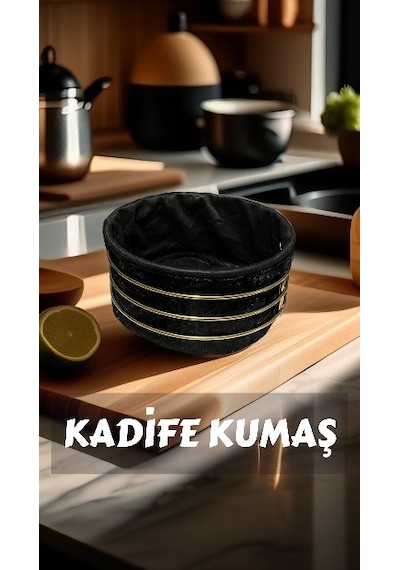 Singl Gold Metal Yuvarlak Ekmeklik Ve Meyvelik Lüx Kadife Kumaş Ekmek Sepeti Siyah