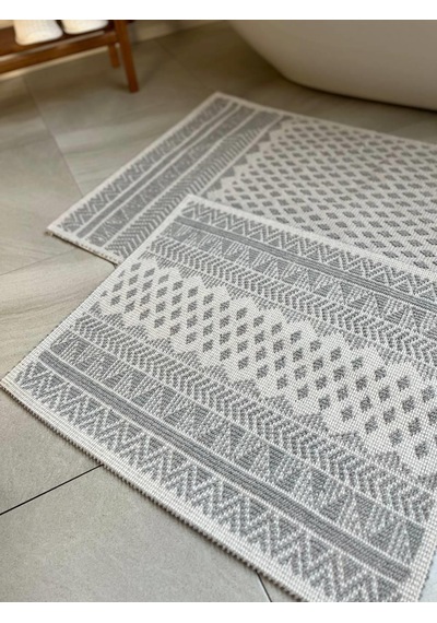 Tapis Bukle Doğal Pamuklu 2'li Banyo Paspas & Halı Seti 60x100+50x60 Cm - Gri Gri