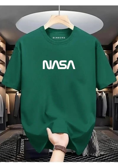 Nasa Baskılı Oversize Tişört Yeşil