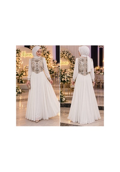 Gül&can Butik İşlemeli Tesettür Nişan Elbisesi Zarif & Şık Tasarım Beyaz