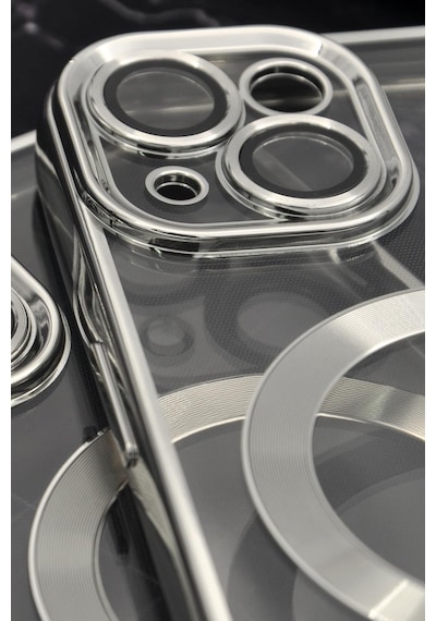 Apple Uyumlu iPhone 14 Magsafe Özellikli Gümüş Gri Silver Renkli Kenarlı Lazerli Şeffaf Kılıf Lens Korumalı