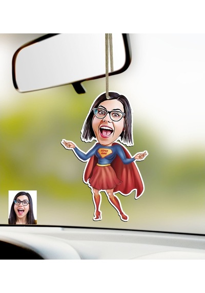 Kişiye Özel Süper Anne Karikatürlü Ahşap Araba Dikiz Ayna Süsü-2