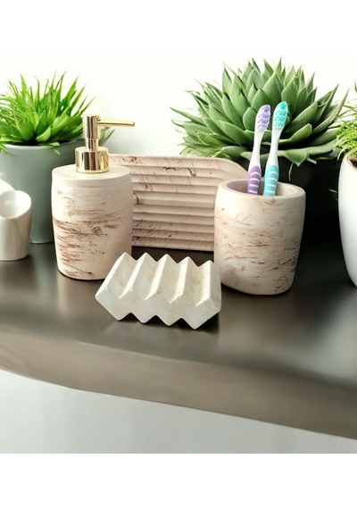 Marble Serisi Bej Sıvı Sabunluk Ve Diş Fırçalık Seti Gri